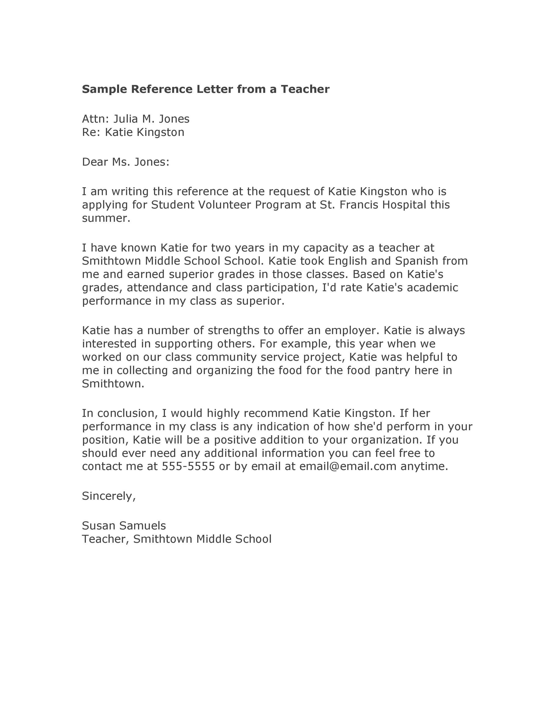 Scholarship Recommendation Letter From Teacher Example